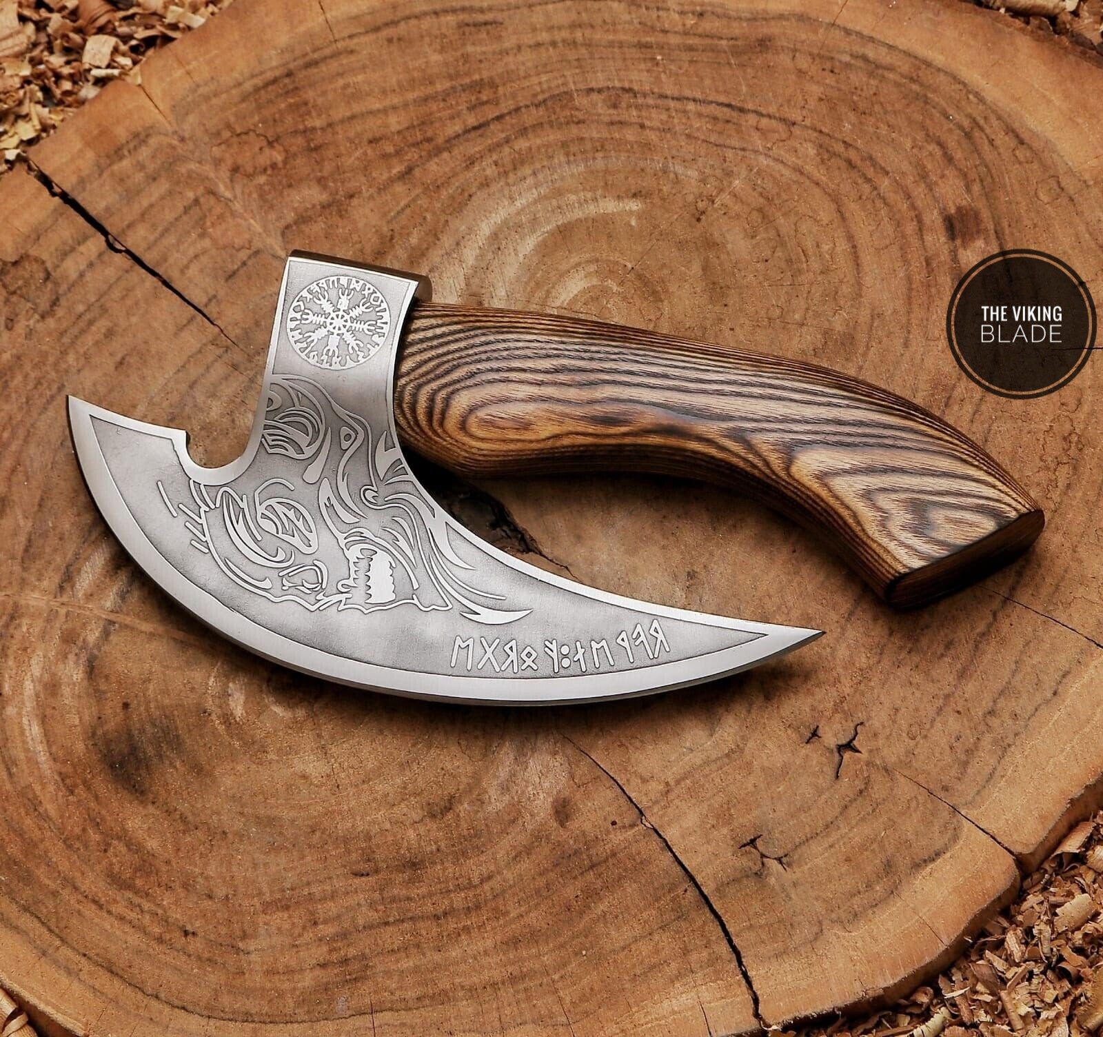Premium hand forged pizza axe cutter with wooden handle and leather cover, Viking blade style kitchen cutting tool.
