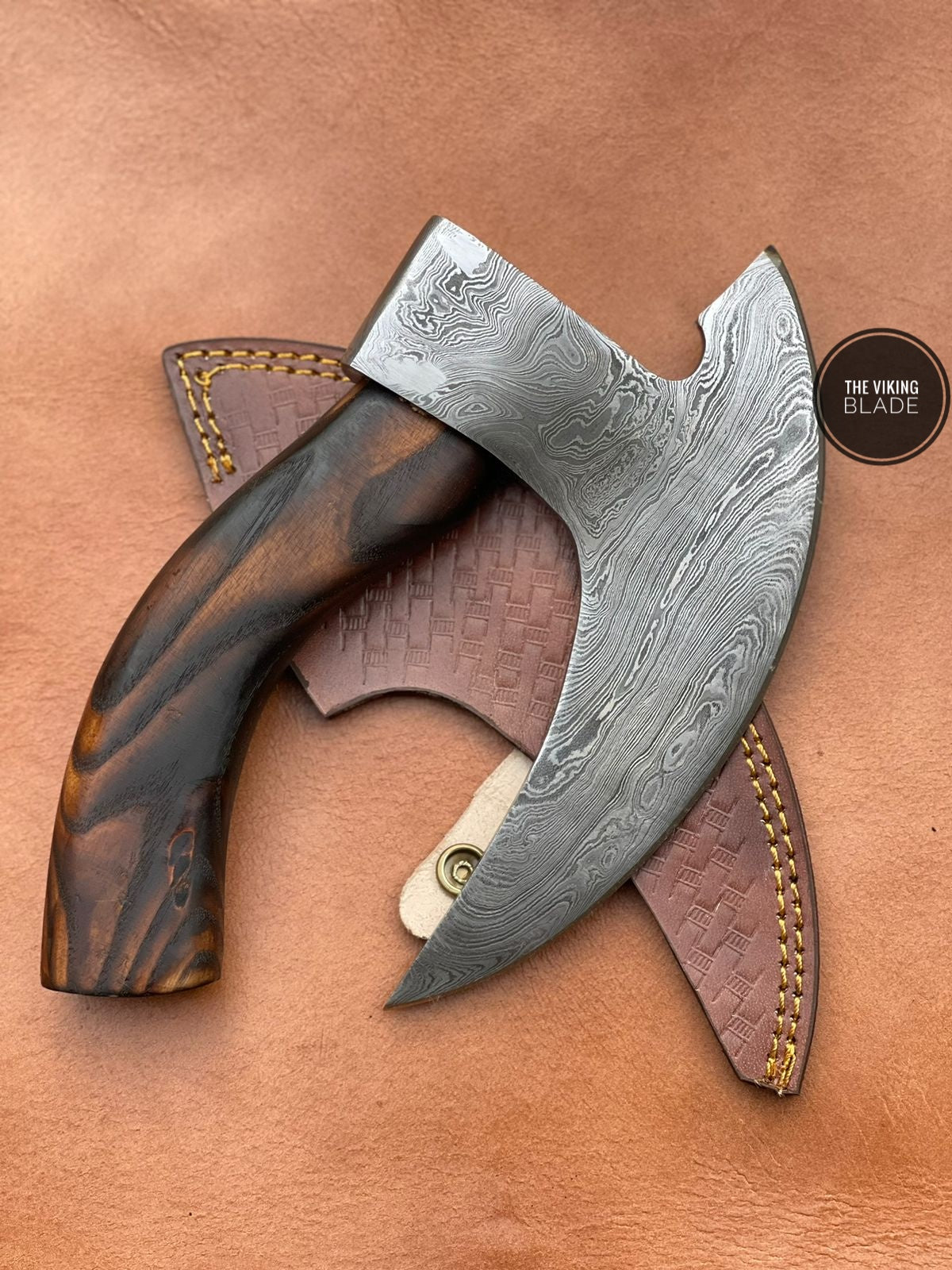Premium handmade Damascus pizza axe cutter with genuine leather sheath and wooden handle for kitchen use.