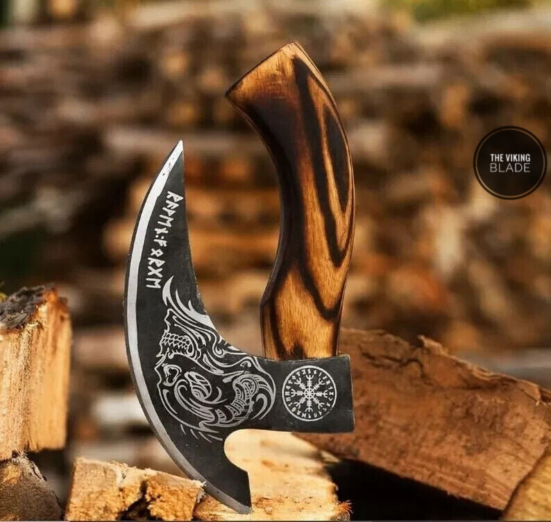 Premium handmade pizza axe cutter Viking style carbon steel tomahawk with wooden handle kitchen cutting tool.