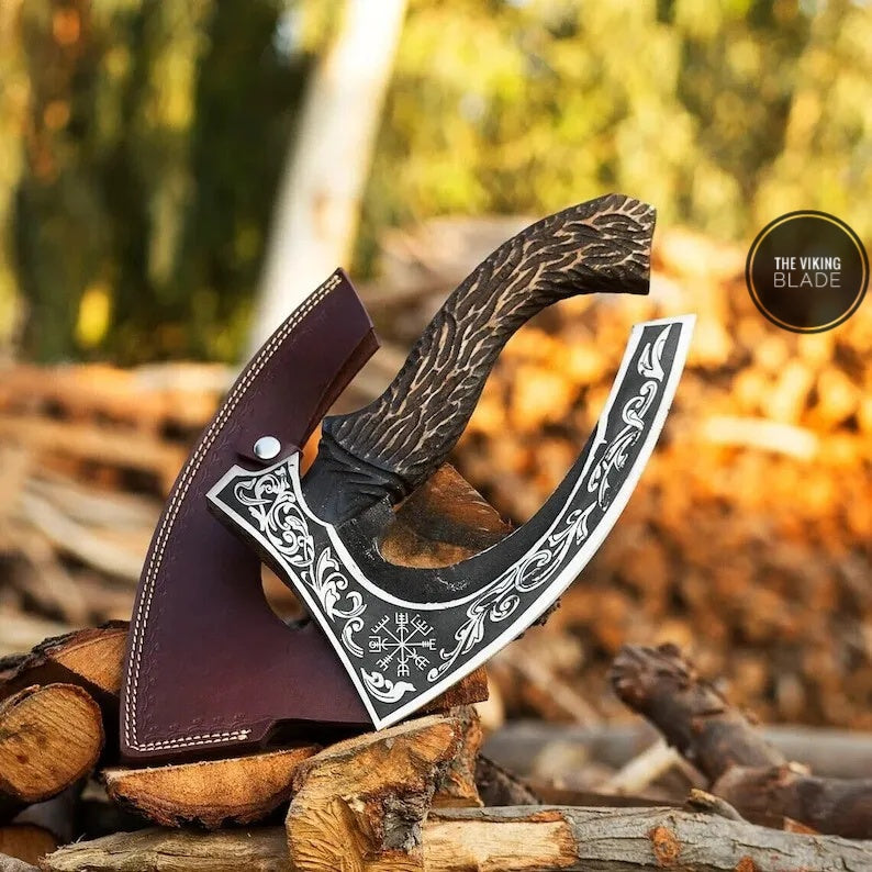 Professional handmade pizza cutter axe with forged carbon steel blade and wooden handle for durable kitchen cutting use.
