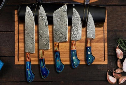 Masterpiece Handmade Chef Knife Set with Razor Sharp Cutting Edge Comes with Unique Style beautiful Hand Stitched Leather Sheath Roll.
