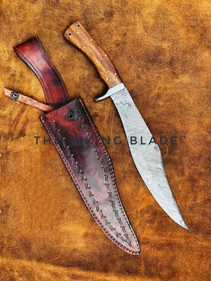 Handmade Damascus Steel Bowie Knife with Rosewood Handle & Tooled Leather Sheath