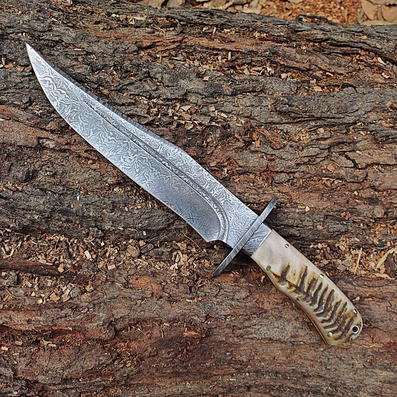 Custom Handmade Hunting Bowie Knife With Leather Sheath
