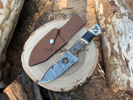 Custom Handmade Damascus Steel Guthook Hunting Knife with Leather Sheath