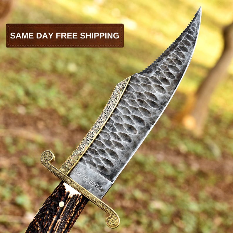 Bowie Hunting Knife, Stone Washed Stainless Steel, Stag Horn Handle