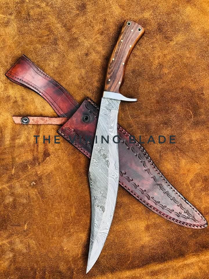 Handmade Damascus Steel Bowie Knife with Rosewood Handle & Tooled Leather Sheath