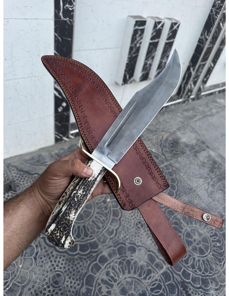 Carbon Steel Bowie Knife Handmade Stag Horn Handle Leather Sheath