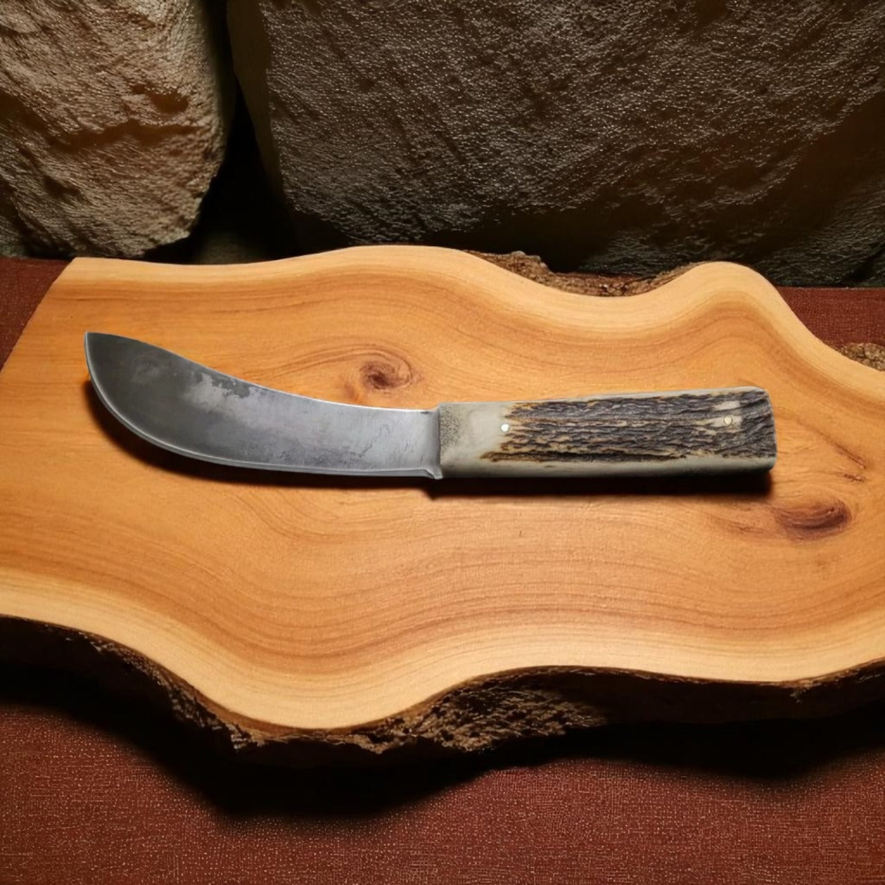 Custom Handmade Carbon Steel Hunting Knife with Stag Horn Handle & Leather Sheath – 11" Full Tang Bushcraft Knife