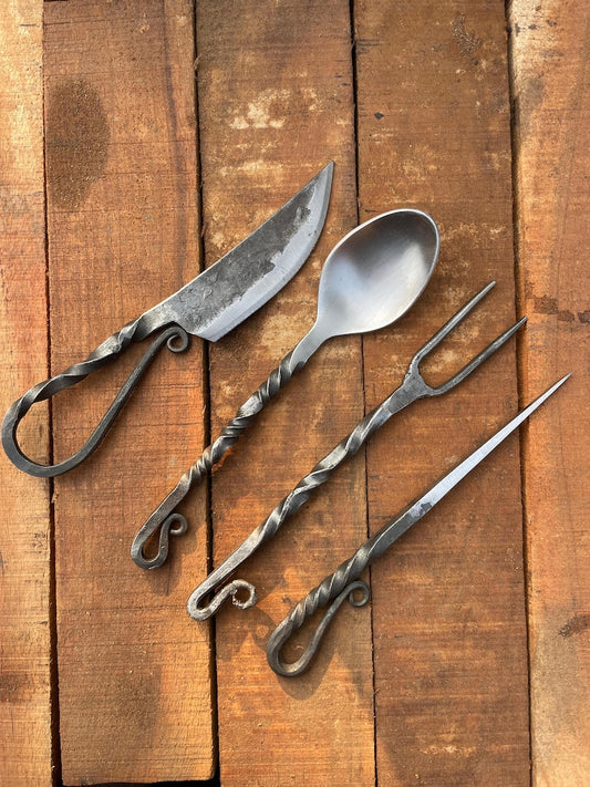 Hand-Forged Medieval Utensil Set, Carbon Steel Fork, Spoon, Knife & Pick with Leather Roll cover