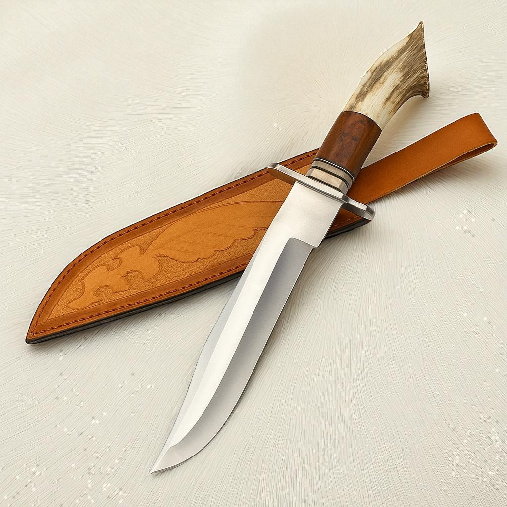Handmade D2 Steel Bowie Knife | Stag Horn & Rosewood Handle | Custom Outdoor Hunting Knife