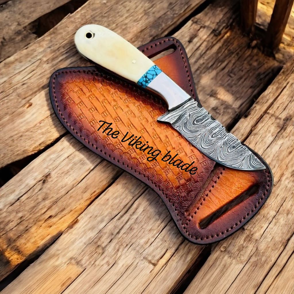 Custom Handmade Western Knife with 3.5" Damascus Blade & Bone–Turquoise Handle