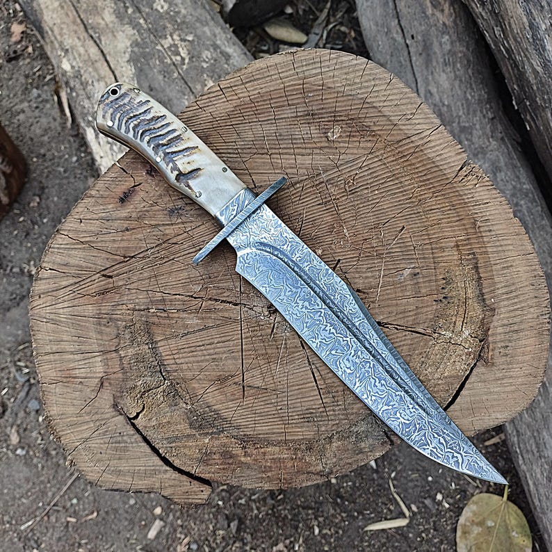 Custom Handmade Hunting Bowie Knife With Leather Sheath
