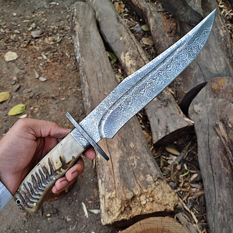 Custom Handmade Hunting Bowie Knife With Leather Sheath