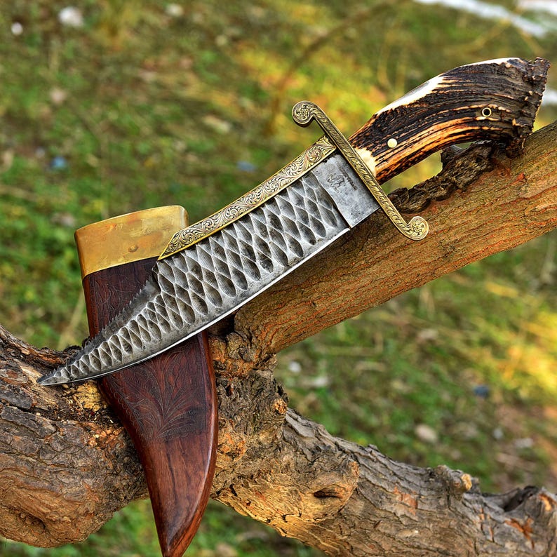 Bowie Hunting Knife, Stone Washed Stainless Steel, Stag Horn Handle