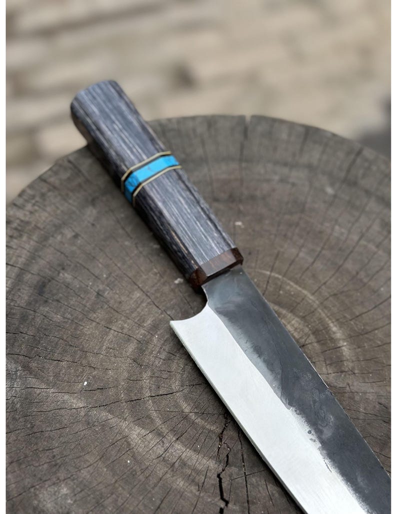 Handmade High-Carbon Steel Chef Knife: Black Wood & Turquoise Handle