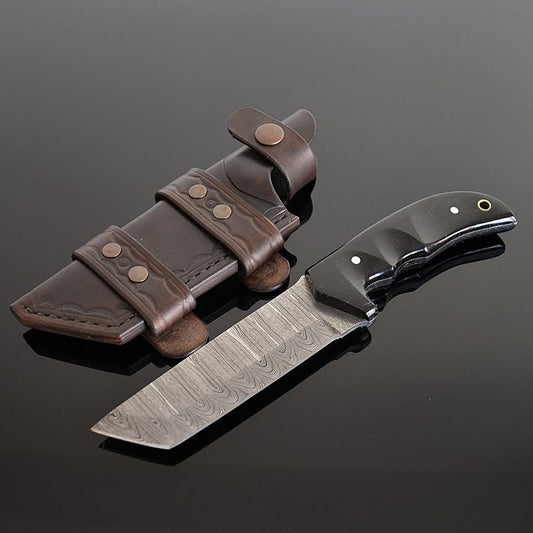 Full Tang Damascus Tanto Knife with Black Buffalo Horn Handle and Handmade Horizontal Leather Belt Sheath