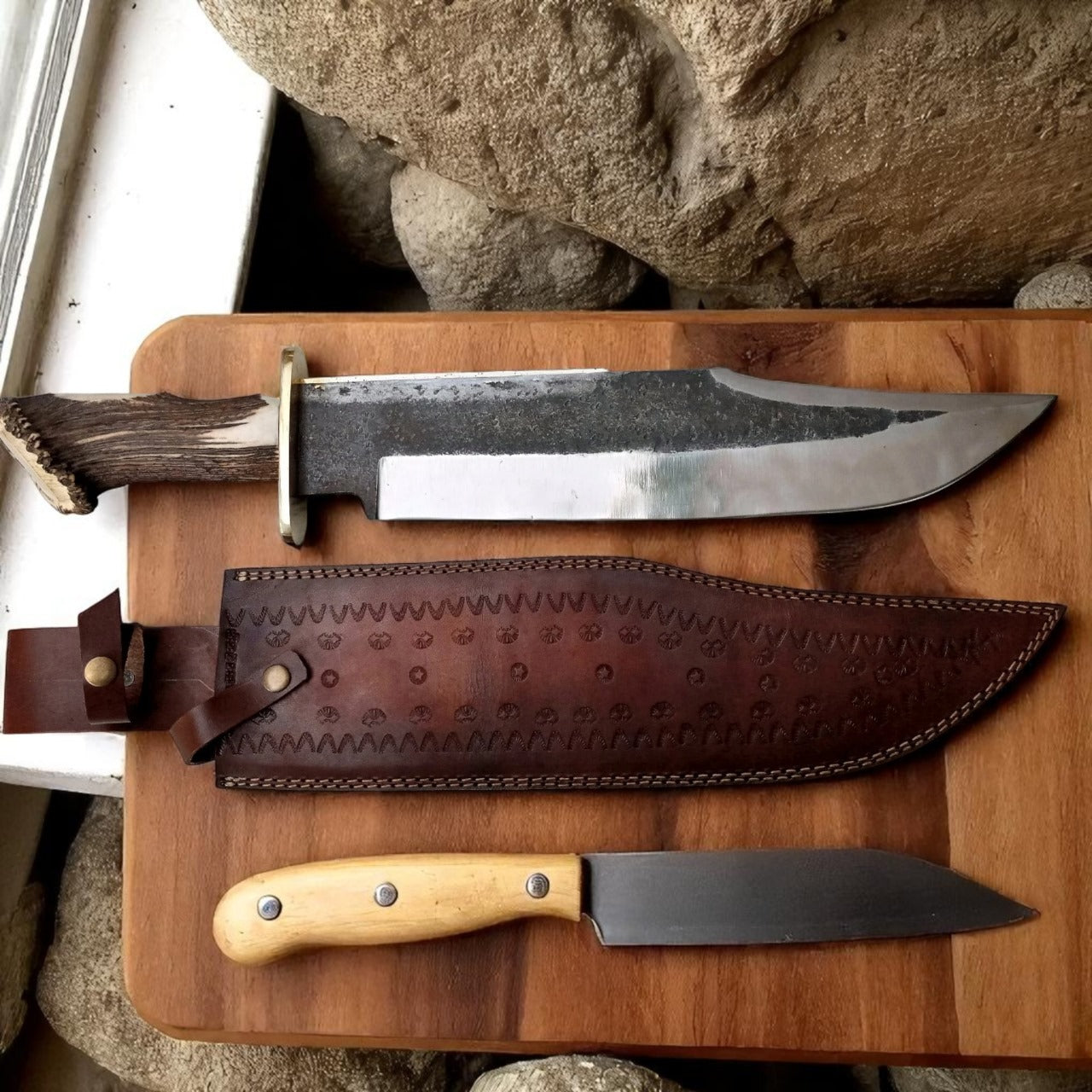 Handmade Carbon Steel Bowie Knife | 18" Blade with Stag Handle & Leather Sheath | Custom Hunting Knife