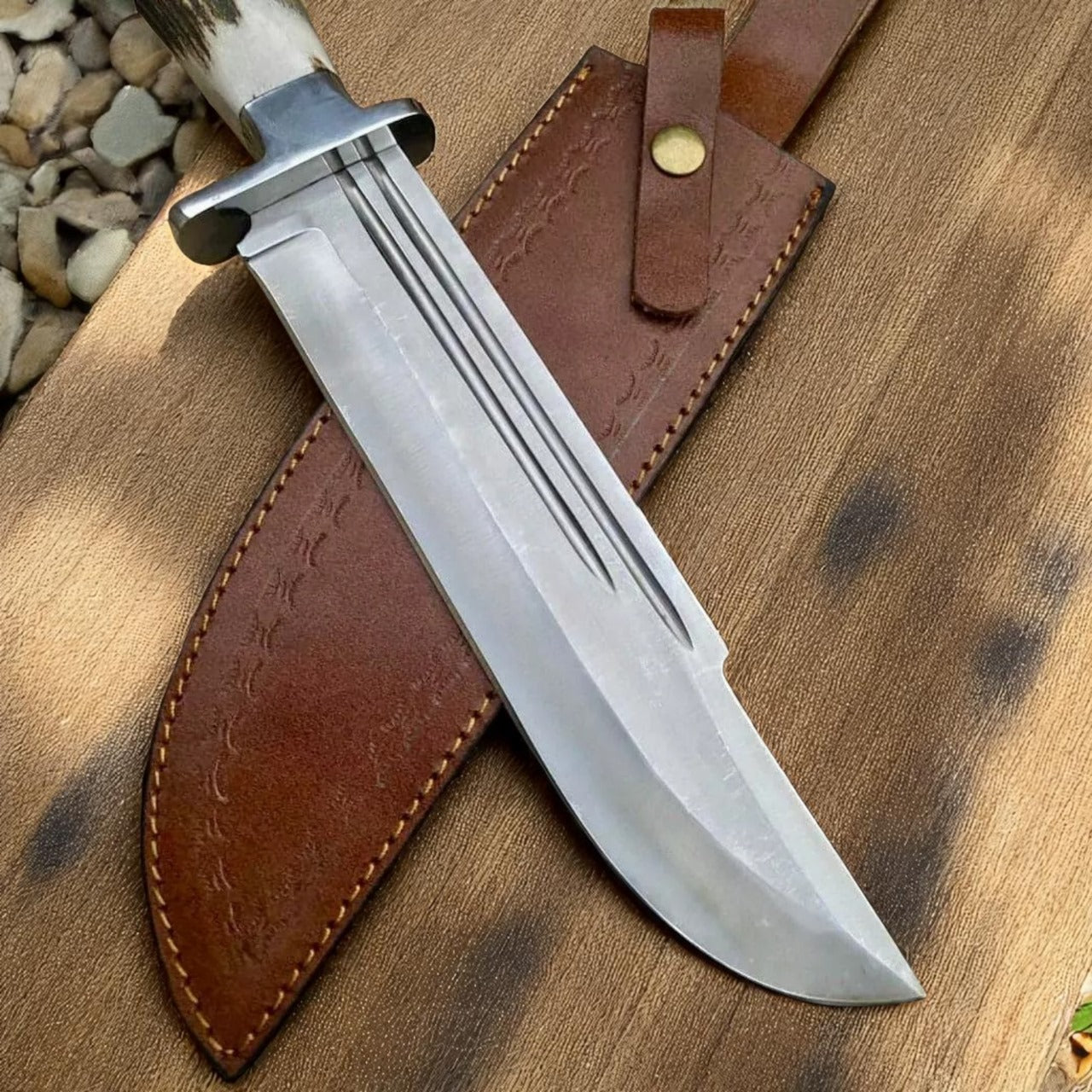 Hand-Forged High Carbon Steel Bowie Knife with Stag Handle | Hunting & Survival Knife with Leather Sheath