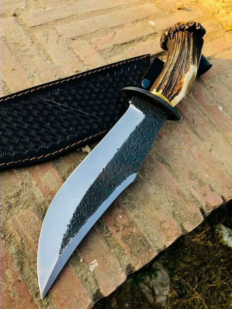 Custom Handmade Hunting Bowie Knife Stag Horn Handle With Leather Sheath.