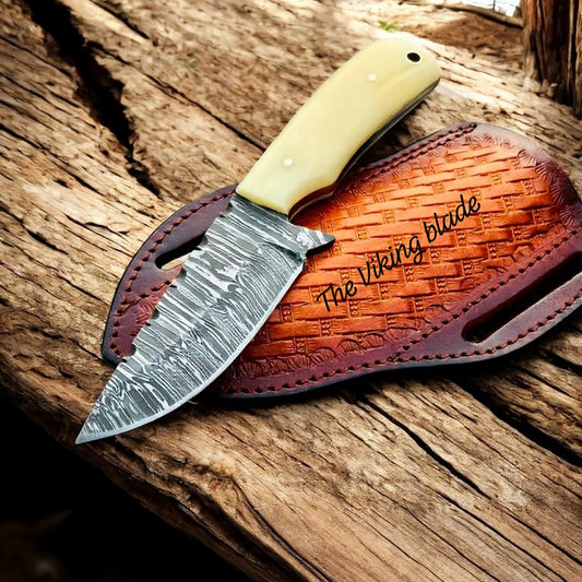 Custom Handmade Cowboy Cross Draw Knife – 3.9" Firestorm Damascus Blade Deer Bone Handle