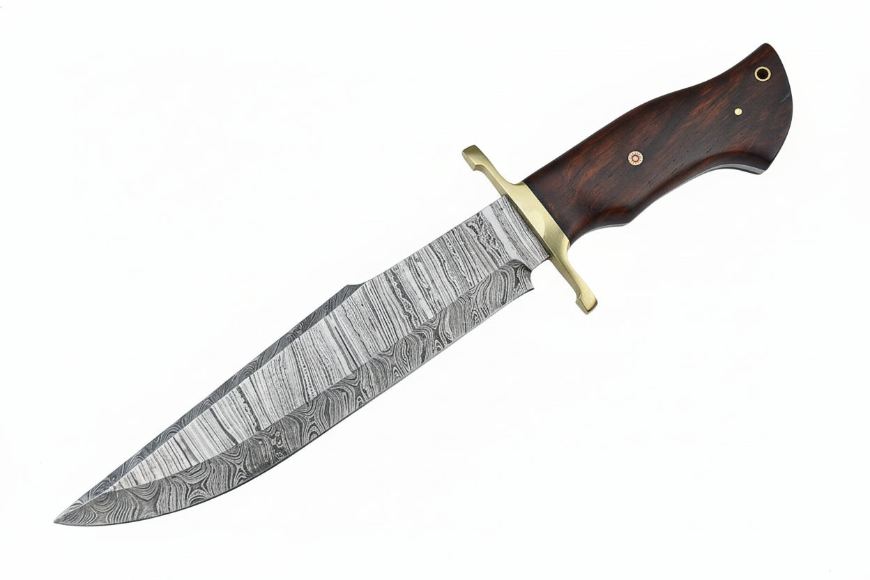 Handmade Damascus Steel Bowie Knife Blade Hunting Survival With Leather Sheath