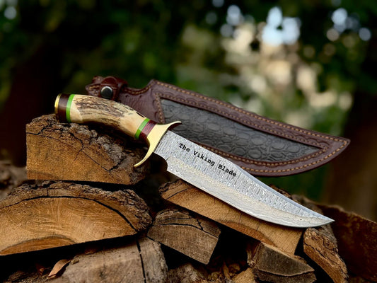 Handmade Damascus Bowie Knife with Stag Antler Handle – 14” Hunting Knife with Leather Sheath