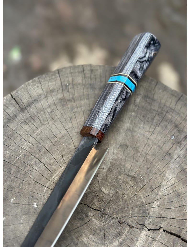Handmade High-Carbon Steel Chef Knife: Black Wood & Turquoise Handle