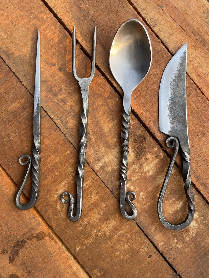 Hand-Forged Medieval Utensil Set, Carbon Steel Fork, Spoon, Knife & Pick with Leather Roll cover