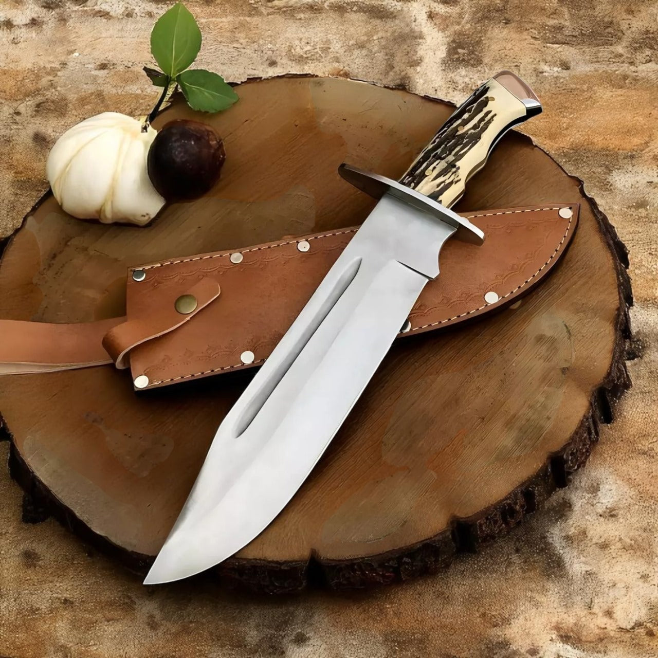 Custom Handmade D2 Steel Bowie Knife with Stag Horn Handle | Hunting & Camping Knife | Leather Sheath Included | Gift for Him