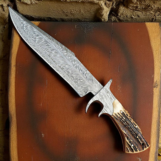 Premium Handmade Damascus Steel Hunting Knife Set – 5mm Blade, Stag Horn Handle, Leather Sheath
