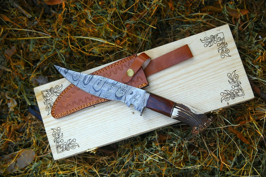 Custom Handmade Damascus Steel Hunting Knife With Leather Sheath With Wooden Box