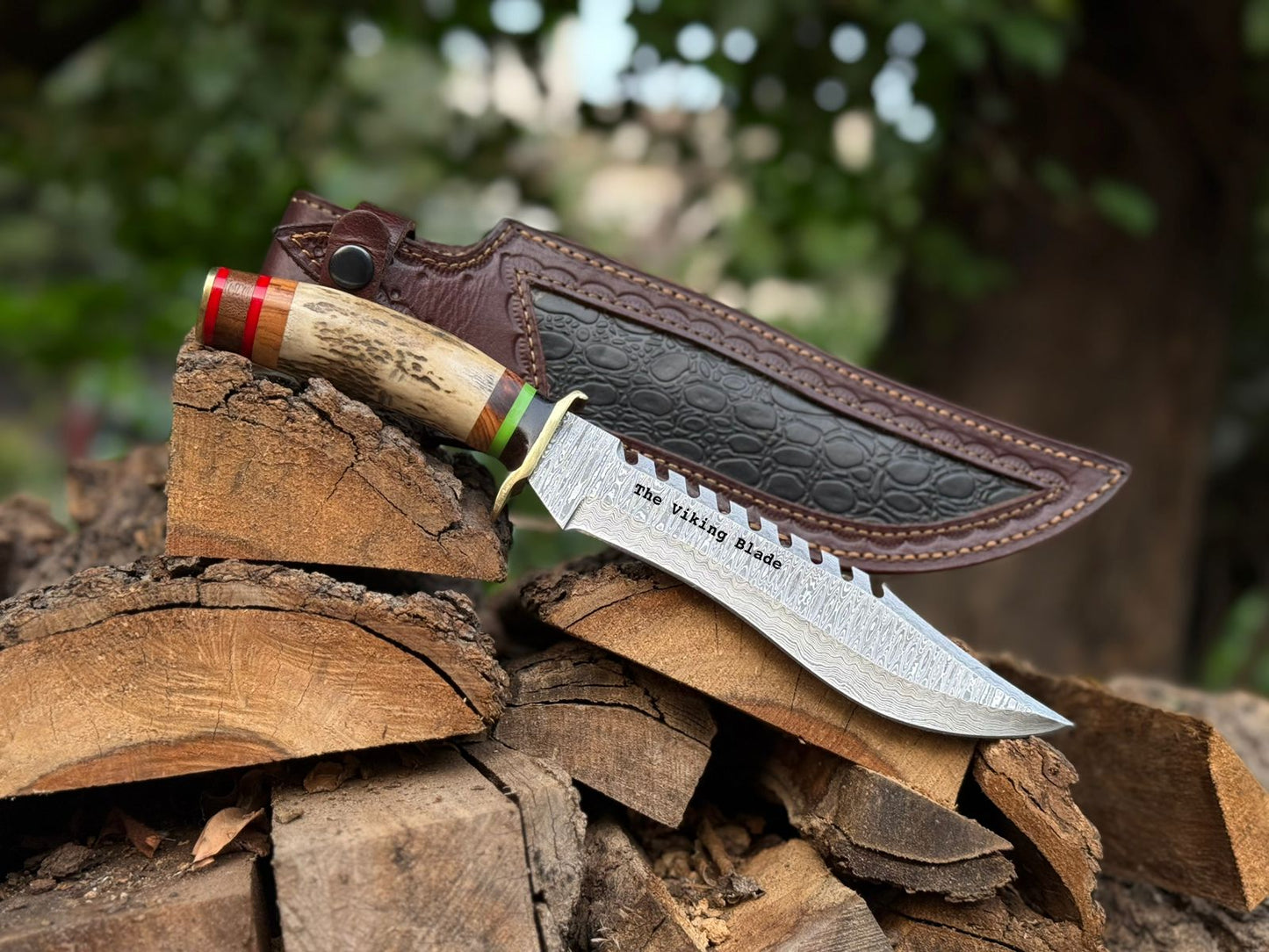 Handmade Damascus Bowie Knife with Stag Antler Handle – 14” Hunting Knife with Leather Sheath