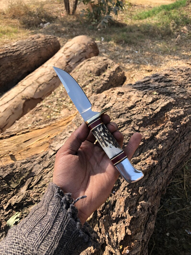handmade skinning knife stainless steel stag handle with seath