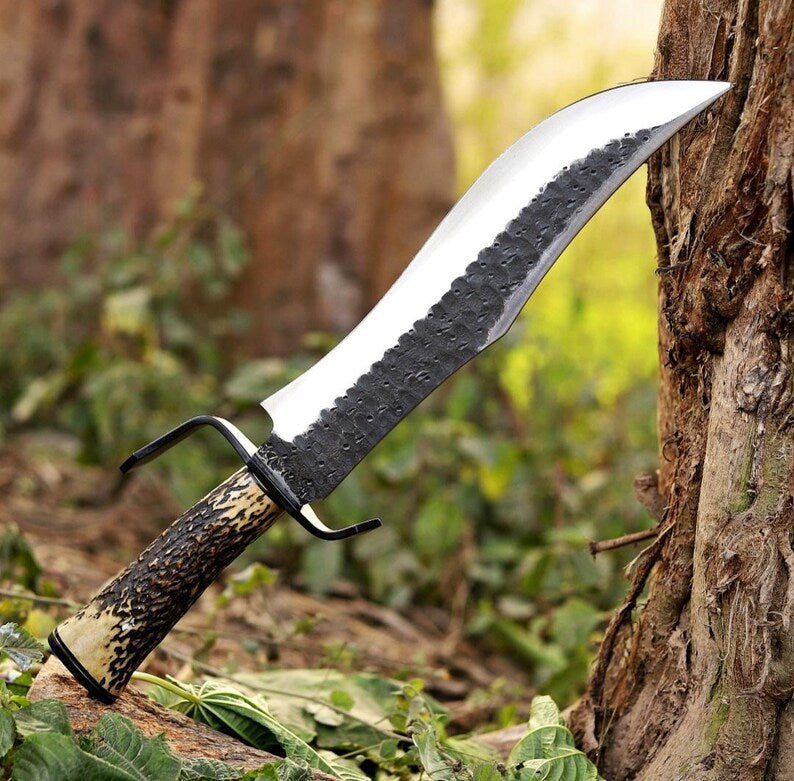 Handmade Bowie Knife 17 Inch Carbon Steel Blade with Antler Handle & Leather Sheath