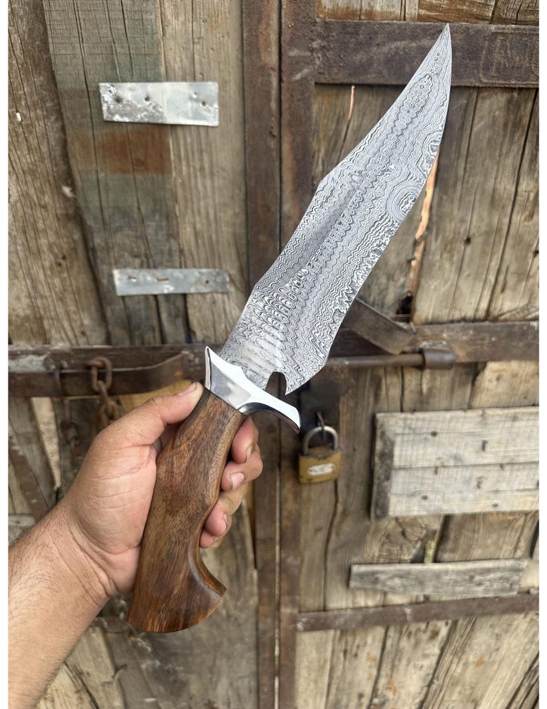 Custom Damascus Steel Hunting Bowie Knife | 15'' Handmade Survival Knife with Rose Wood Handle