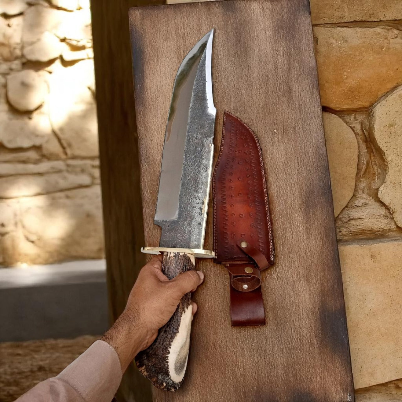 Handmade Carbon Steel Bowie Knife | 18" Blade with Stag Handle & Leather Sheath | Custom Hunting Knife