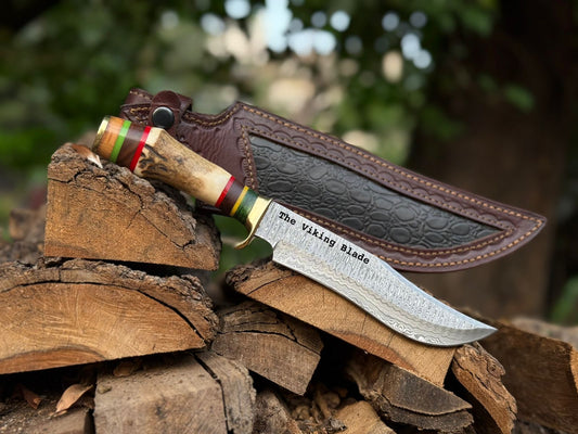 Handmade Damascus Bowie Knife with Stag Antler Handle – 14” Hunting Knife with Leather Sheath