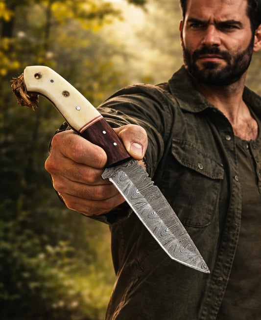 Outdoor Performance Handmade Damascus Steel Fixed Tanto Skinner Hunting Knife