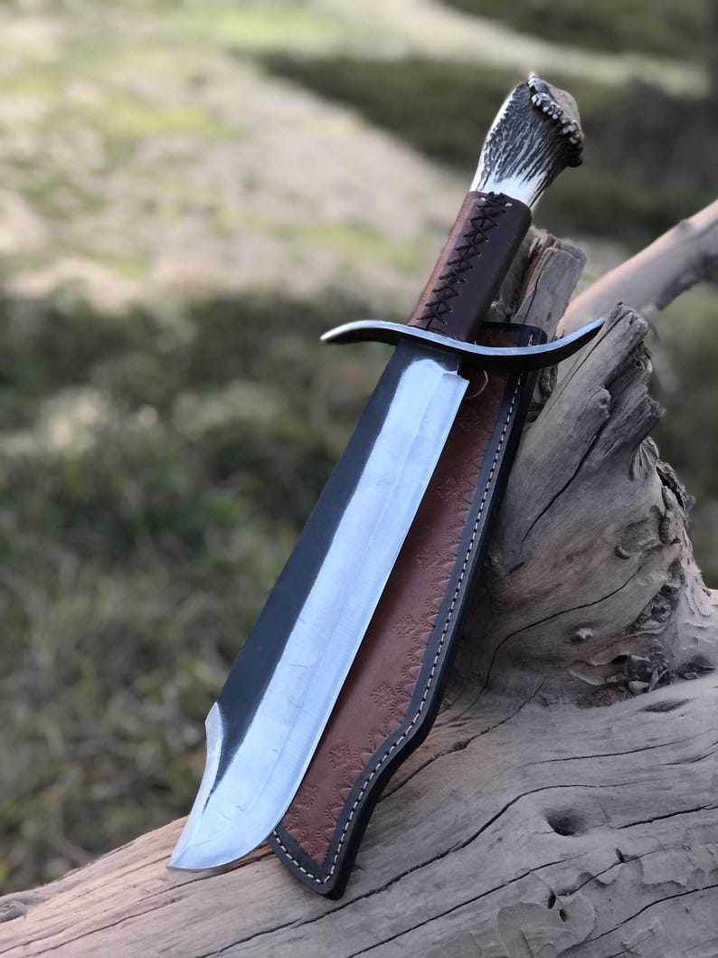 handmade hunting bowie knife deer stag handle with sheath