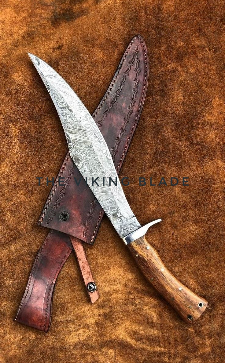 Handmade Damascus Steel Bowie Knife with Rosewood Handle & Tooled Leather Sheath