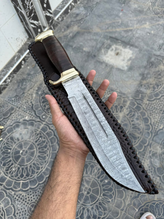 Custom Handmade Damascus Steel Hunting Bowie Knife With Leather Sheath