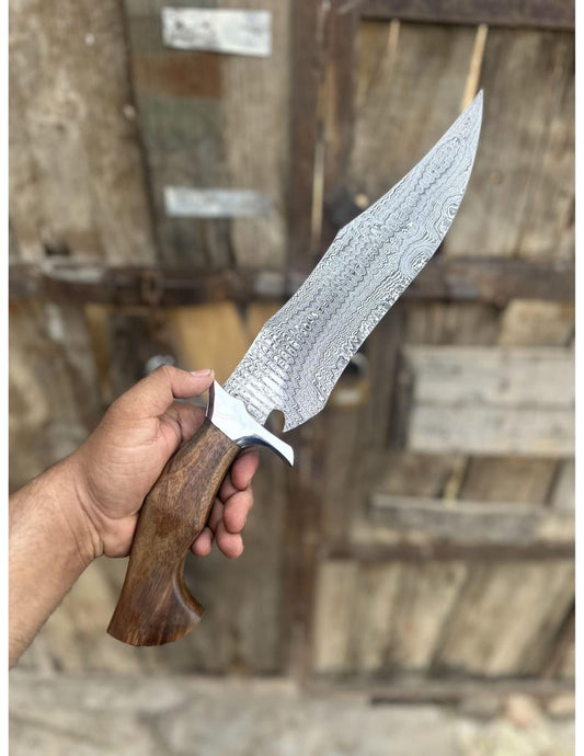 Custom Damascus Steel Hunting Bowie Knife | 15'' Handmade Survival Knife with Rose Wood Handle