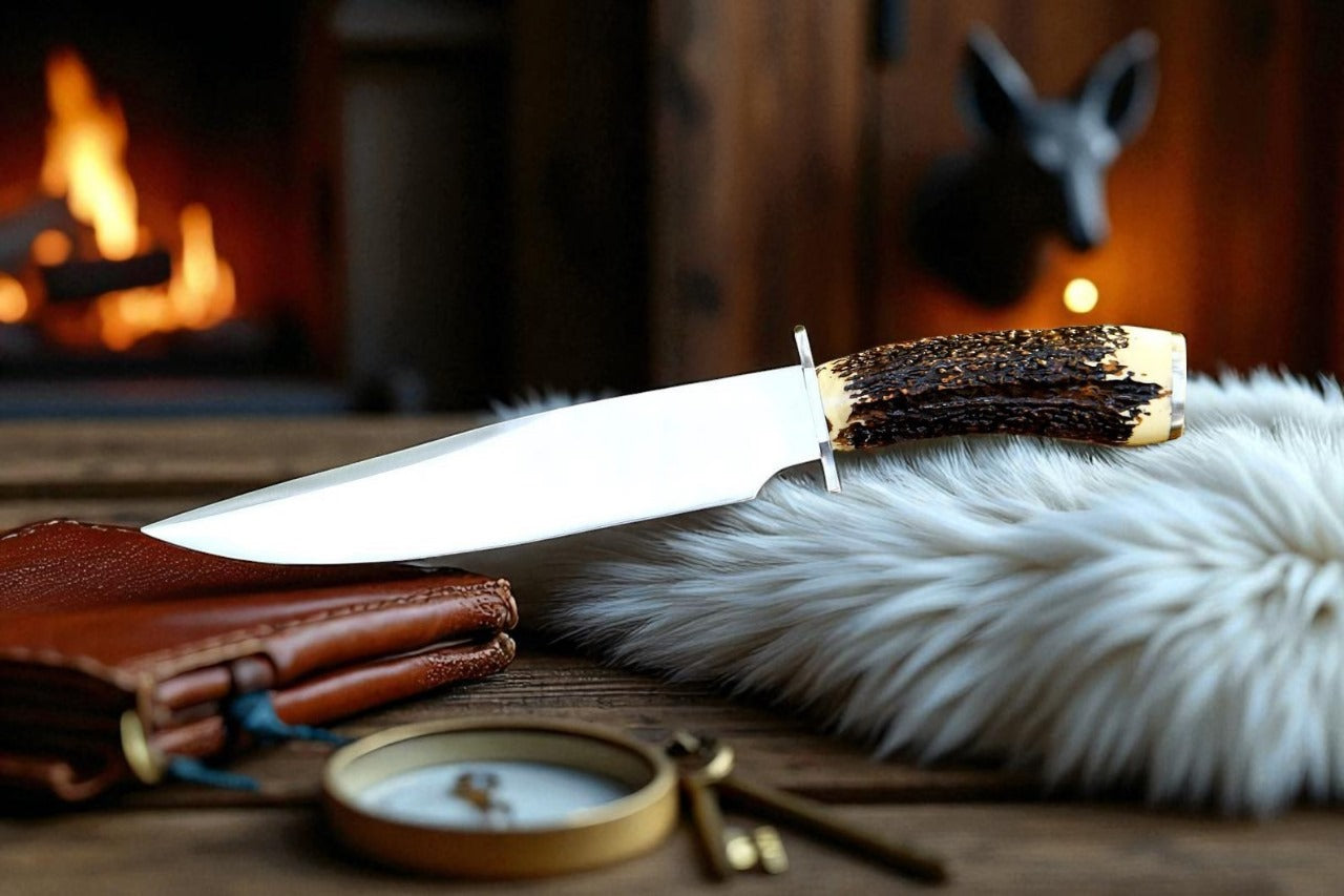 Handmade Stainless Steel Bowie Knife | Stag Horn Handle | Hunting Knife with Leather Sheath