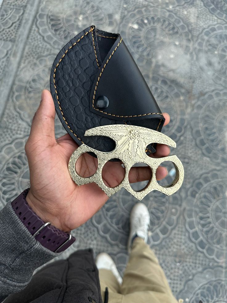 Handmade Engraved Brass Knuckles with Leather Belt Case – Solid Brass Everyday Carry