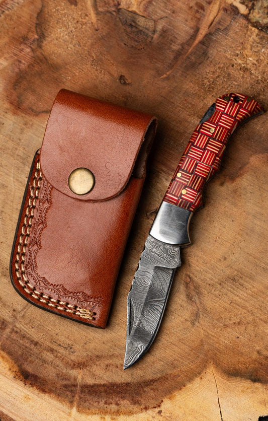 Custom Handmade Damascus Steel Folding Pocket Knife With Leather Pouch