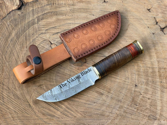 Handmade Damascus Skinner Knife – 7” Hunting Knife with Wooden Handle & Leather Sheath