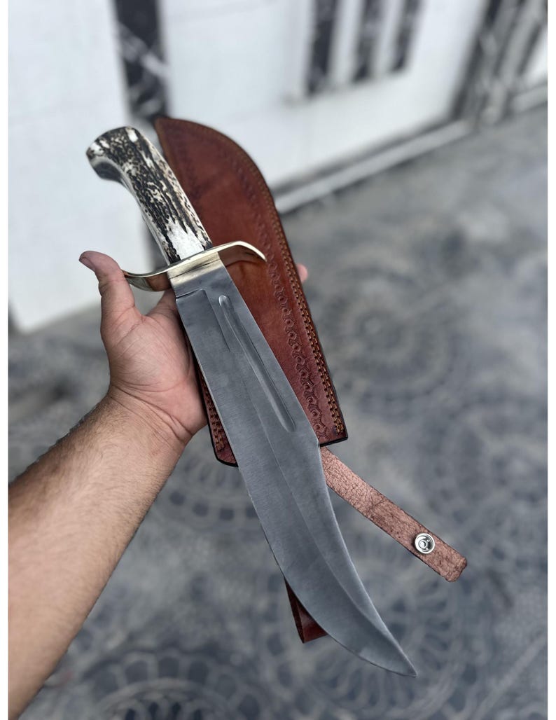 Carbon Steel Bowie Knife Handmade Stag Horn Handle Leather Sheath