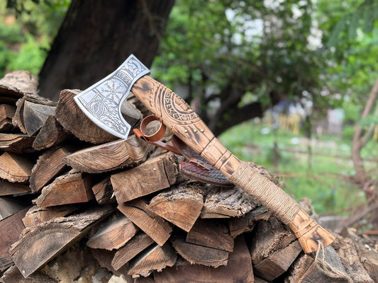 Hand-Forged Viking Style Axe – With Detailed Engravings on Blade and Handle & Leather Sheath