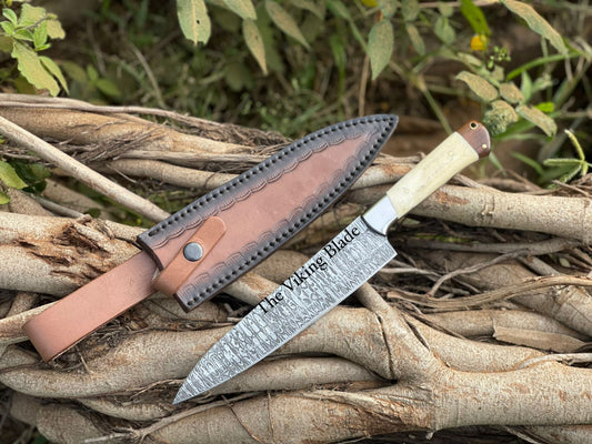 Handmade Damascus Chef Knife – 13” Kitchen Knife with Camel Bone & Wood Handle | Full Tang Construction