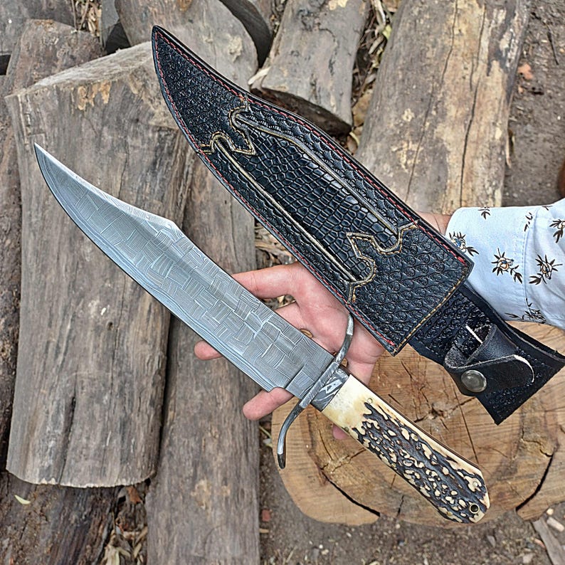 Custom Handmade  Bowie Knife – 10" Hunting Blade, Mosaic Pattern, Stag Handle With Leather Sheath